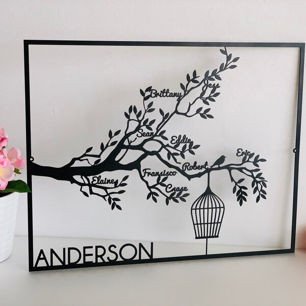 Personalized Family Names Tree Life Custom Family Metal Signs Tree Branch with Birdcage Housewarming Wedding Gift Wall Art Decor Anniversary