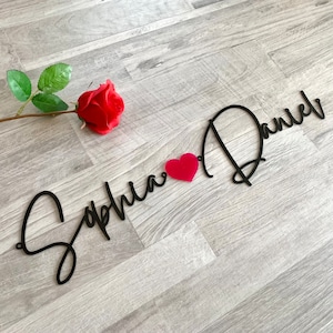 Personalized Name Sign, Family Sign, Custom Names and Heart, Custom Metal Words, Laser Cut Names, Script Metal Letters for Wall, Love Plaque image 1