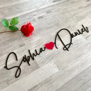 Personalized Name Sign, Family Sign, Custom Names and Heart, Custom Metal Words, Laser Cut Names, Script Metal Letters for Wall, Love Plaque image 1