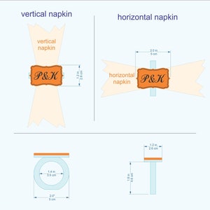 May include: Diagram showing two ways to fold a napkin into a bow shape with the letters "P&K" in an orange rectangle on top. The first image shows a vertical napkin fold with measurements in inches and centimeters. The second image shows a horizontal napkin fold with measurements in inches and centimeters.