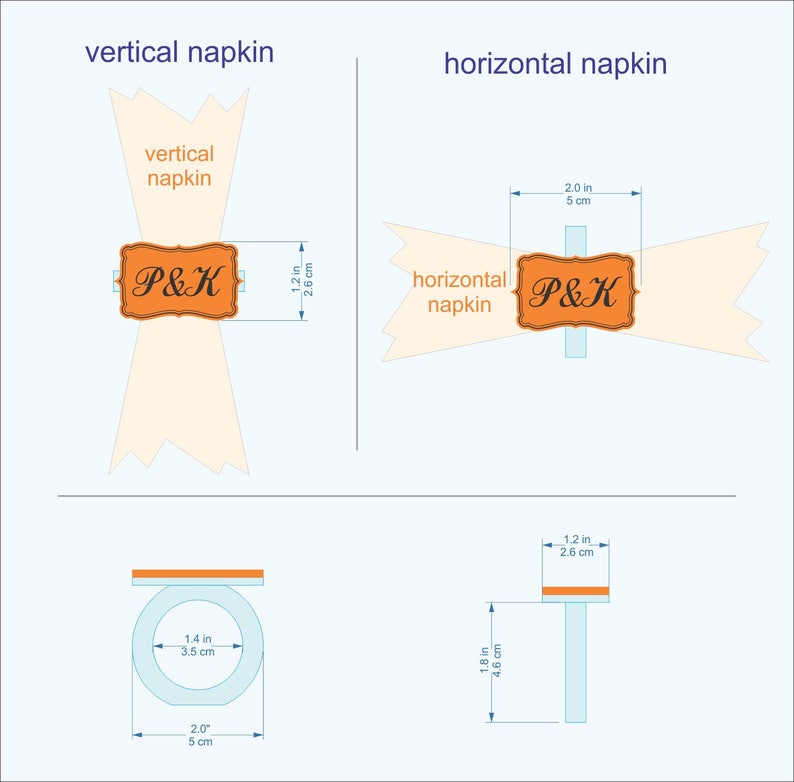 May include: Diagram showing two ways to fold a napkin into a bow shape with the letters "P&K" in an orange rectangle on top. The first image shows a vertical napkin fold with measurements in inches and centimeters. The second image shows a horizontal napkin fold with measurements in inches and centimeters.
