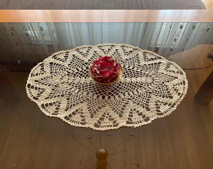 Lace Doily Crochet Small Beige Oval Handmade Coaster Doily Placemat Top Table Runner Topper Cotton Table Centerpiece Mothers Day, Mom Gift