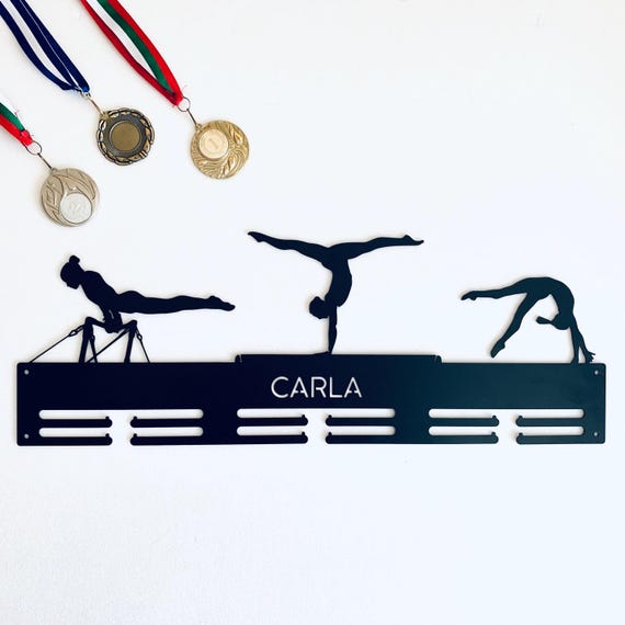 Gymnastics Medal Holder with Custom Name, Personalized Medal Display Rack for Women, 3 Female Figures Uneven Bars Balance Beam Floor Routine