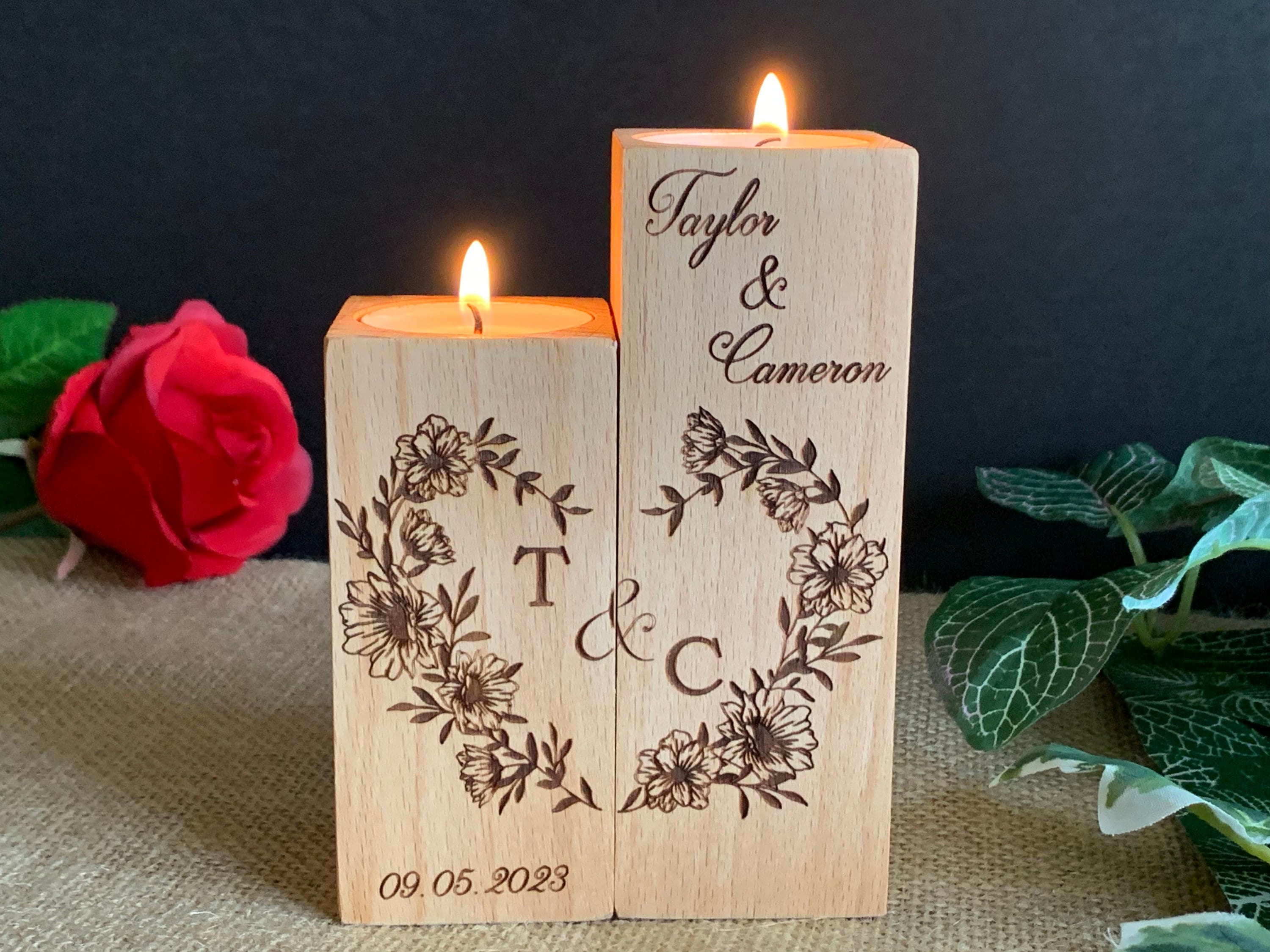 Personalized Candle Holder Custom Names, Special Date & Initials Wood