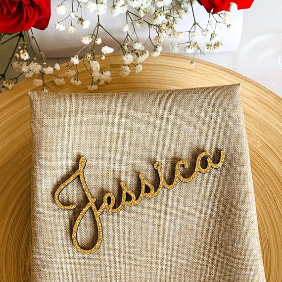 Gold Glitter Custom Wedding Laser Cut Names Personalized Wooden Table Cards Place Name Settings Guest Party Escort Cards Customise Wood Tags