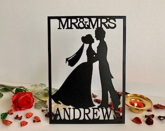 Black Metal Wedding Sign Mr & Mrs Custom Last Name Personalized Bride and Groom Silhouette Freestanding Centerpieces Sweetheart Table Decor