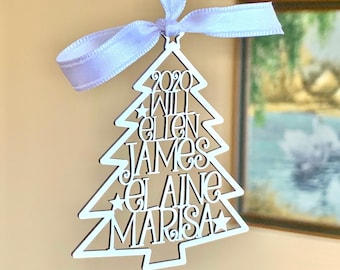 Personalized 2025 Christmas Tree Ornaments Custom Family Names Laser Cut Holiday Gift Happy New Year 2026 Xmas Silver Hanging Tag Kids Names