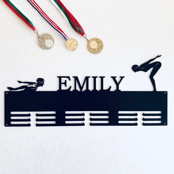 Personalized Swimming Medal Holder Swim Medal Hanger Custom Name Sports Metal Display Rack for Awards 2 Female Figures Wall Sign Door Decor