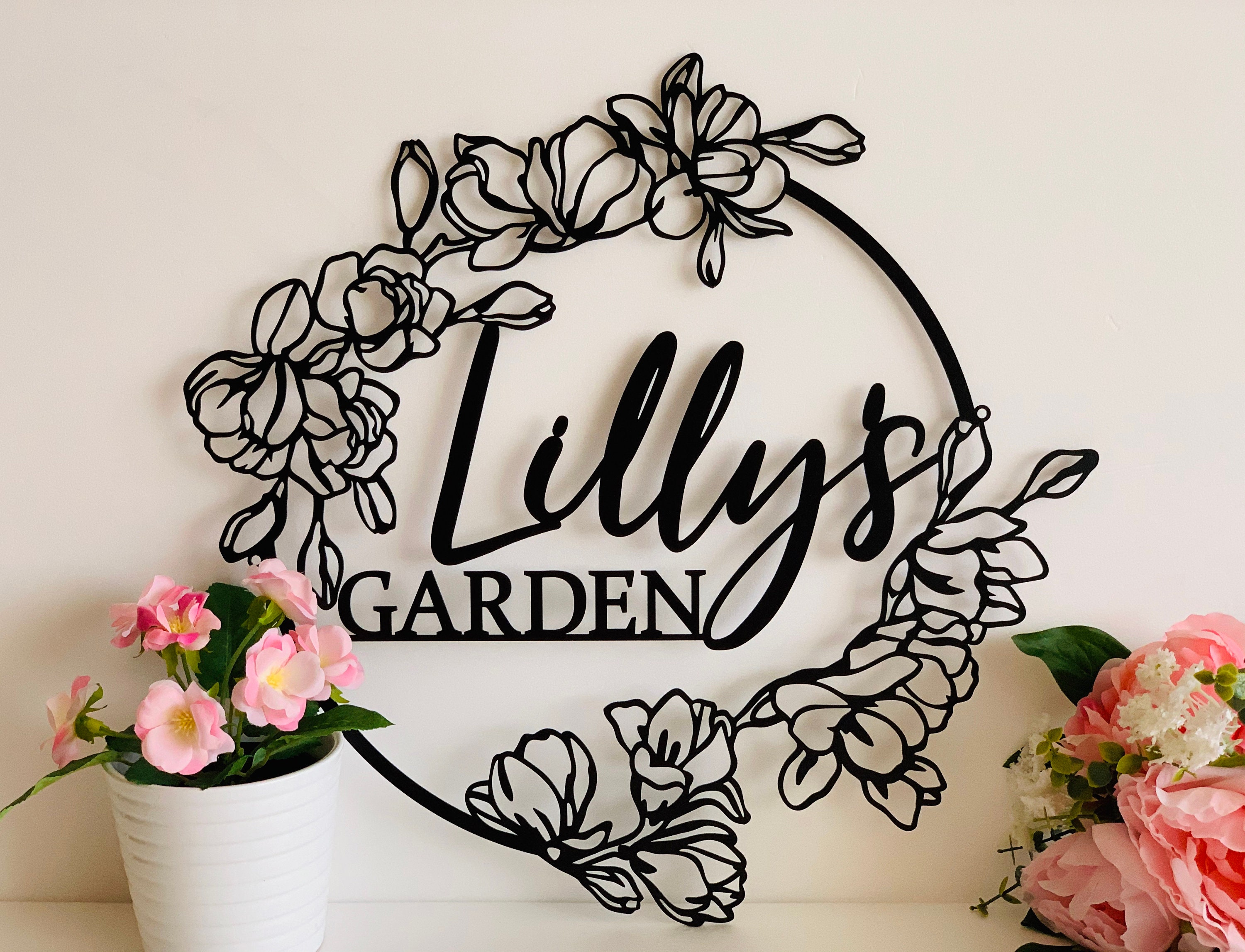 Personalized Flower Garden Name Sign Custom Metal Wall Art Gift for