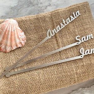 Personalized swizzle stir sticks Custom name drink stirrers Stainless steel Silver wedding Cocktail accessories Anniversary centerpieces