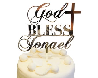 Personalized God Bless Cake Topper with Cross and Custom Name Cake Centerpieces First Holy Communion Baptism Christening Religious Christian