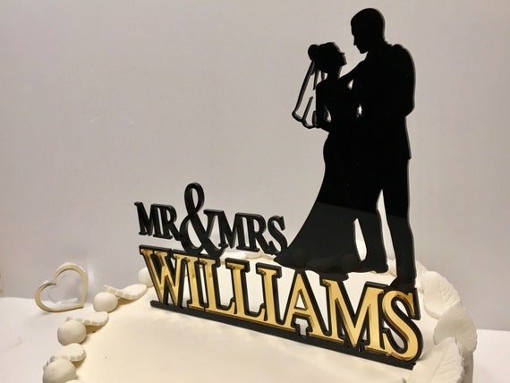 Personalized Mr and Mrs Cake Topper Bride and Groom Silhouette Mr & Mrs Unique Wedding Cake Topper Acrylic Cake Topper with Last Family Name