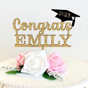Congrats Cake Topper with Custom Name, Gold Glitter Graduation Cake Topper, Class of 2025 Cake Topper, Graduation Party Decorations