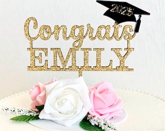 Gold Glitter Graduation Cake Topper - Personalized Congrats Topper with Name - Class of 2027