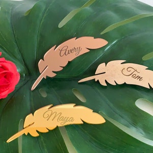 Leaf Place Cards Personalized Floral Wedding Alternative Wood Custom Seating Cards Mirror Acrylic Laser Cut Feather Shape Engraved Name Tags