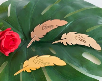 Leaf Place Cards Personalized Floral Wedding Alternative Wood Custom Seating Cards Mirror Acrylic Laser Cut Feather Shape Engraved Name Tags