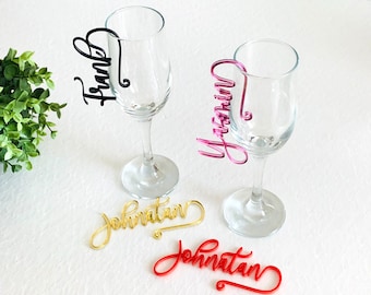 Custom Wedding Wine Glass Charms Personalized Name Tags Cocktail Drink Markers Laser Cut Place Cards Hanging Drink Name Tags for Glasses