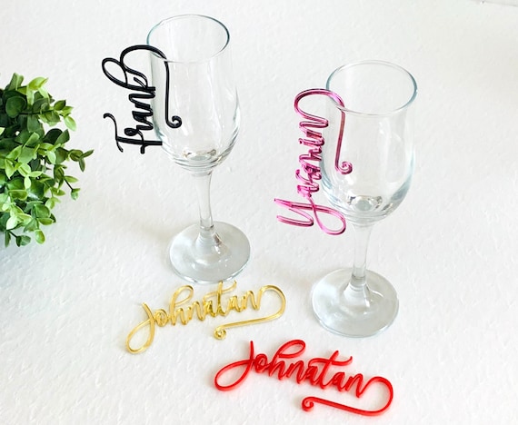 Custom Wedding Wine Glass Charms Personalized Name Tags Cocktail Drink Markers Laser Cut Place Cards Hanging Drink Name Tags for Glasses