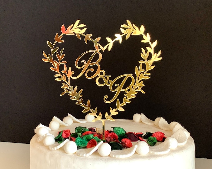 Personalized Wedding Initials Custom Cake Topper Heart Cake Topper Mr and Mrs Anniversary Topper Engagement Cake Topper Floral Heart Wreath