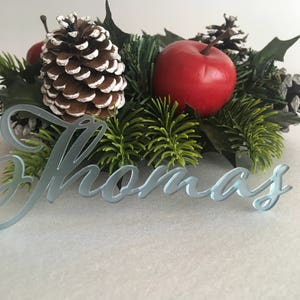Peut inclure: Une enseigne nominative en acrylique bleu clair avec le texte Thomas en &eacute;criture cursive, plac&eacute;e devant un arrangement d&eacute;coratif compos&eacute; d'une pomme rouge, d'une pomme de pin brune et d'aiguilles de pin vertes avec des feuilles de houx.