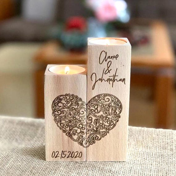 Personalized Wood Candle Holder - Custom Names and Special Date - Heart Shape - Love Tealight Candle Holder - Anniversary Gift for Couples