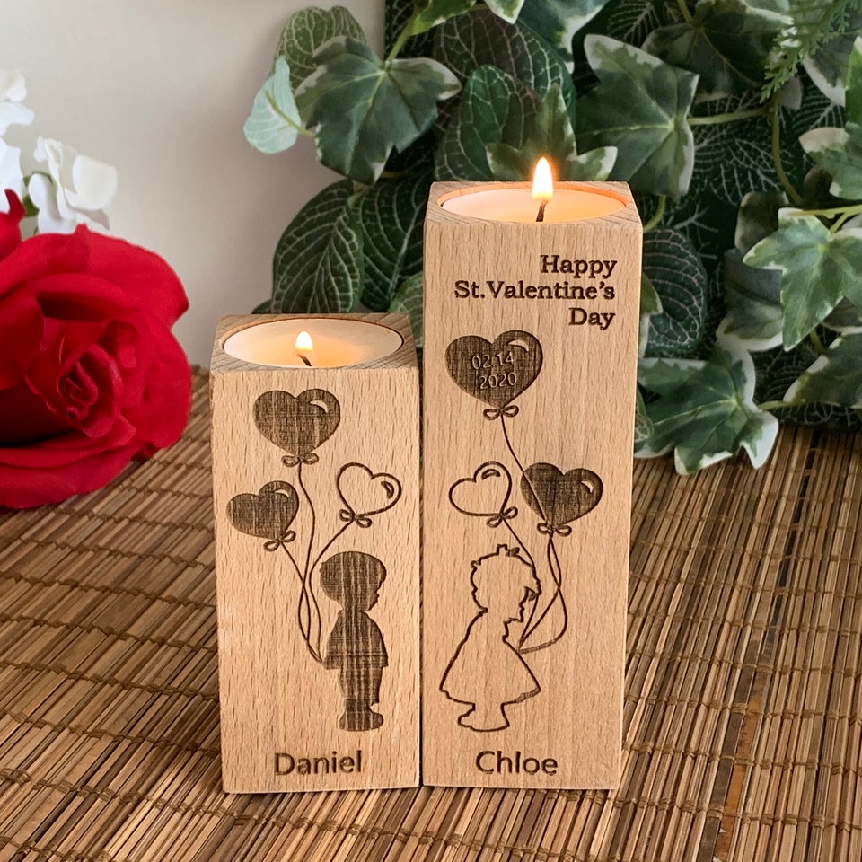 Wooden Candle Holders Personalized Happy Valentines Day Gift Save the Date Engraved Custom Names