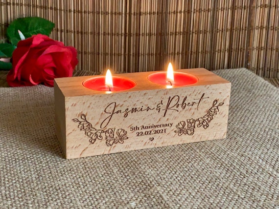 Personalized Anniversary Engraved Wooden Candle Holders Custom Names Rustic Wood Tealight Gift for Couples Home Decoration Housewarming Gift