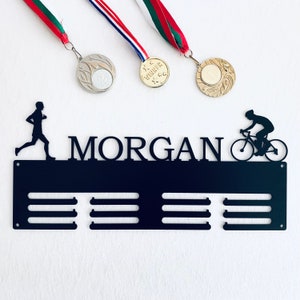 Custom Bicycling and Running Medal Holder – Personalized Display Rack for Cyclists & Runners, Male or Female Athlete - Medal Hanger