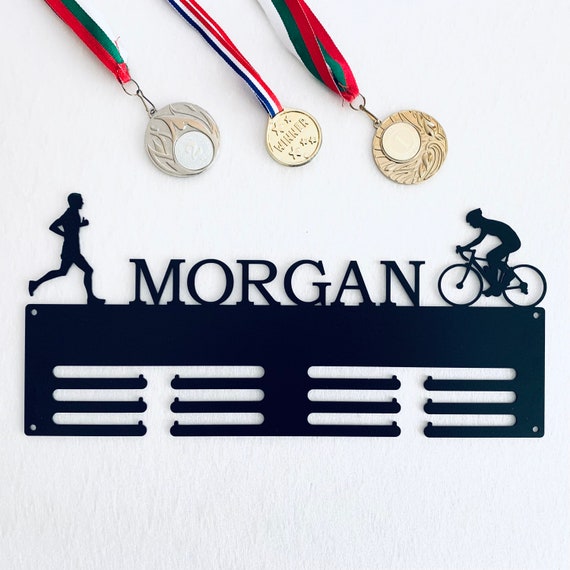 Custom Bicycling and Running Medal Holder, Cyclists and Runners - Medals Display Rack - Male or Female Athlete - Personalized Medal Holder