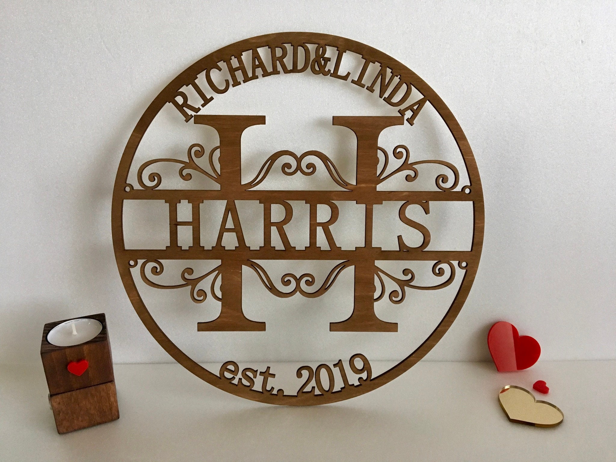 Custom Wood Family Last Name Sign Wooden Wedding Gift Initial Split