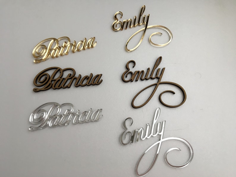 Gold Mirror Laser Cut Names Personalized Wedding Place Cards Guest Names Wedding centerpiece Wedding table cards Table settings Dinner party image 6