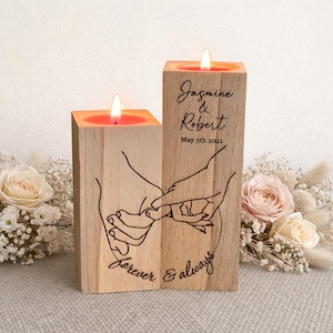 Custom candle holder with personalized names and special date. Engraved holding hands with text forever and always.
Two candle holders can be displayed together or used separately.
Candles are included.