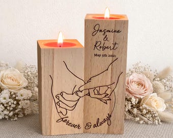 Custom Wooden Candle Holder with Names, Holding Hands Love Design, Valentine’s Day Gift