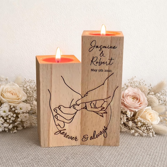 Custom Wooden Candle Holder with Names, Holding Hands Love Design, Valentine’s Day Gift