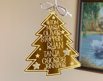 Personalized Acrylic Family Names Hanging Ornament Christmas Tree Custom Wooden 2022 Holiday Xmas Gift for Mom, Dad Mirrored Engraved Bauble