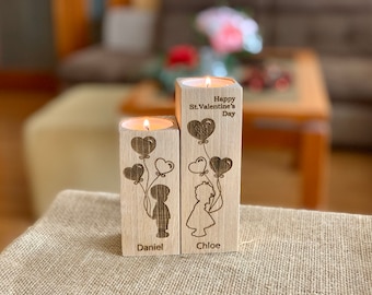 Wooden Candle Holders Personalized Happy Valentines Day Gift Save the Date Engraved Custom Names Wood Home Decorations Table Centerpieces