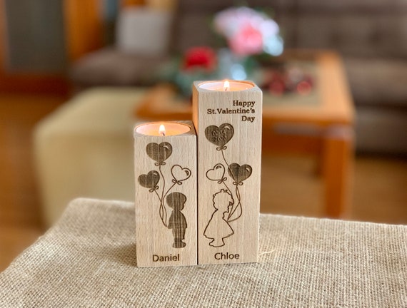 Wooden Candle Holders Personalized Happy Valentines Day Gift Save the Date Engraved Custom Names Wood Home Decorations Table Centerpieces