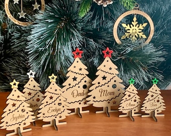 Personalized Family Christmas Trees, Mom Dad and Kids, Freestanding Wood Tree Handmade Ornaments Custom Place Name Settings Xmas Place Cards