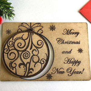 Vrolijk kerstfeest houten wenskaarten Gepersonaliseerde gegraveerde kaarten Familie Kerstornament Handgemaakte kerstkaarten Aangepaste kerstbal Vakantieornament