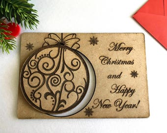Merry Christmas Wooden Greeting Cards | Personalized Engraved Holiday Card | Handmade Xmas Family Ornament