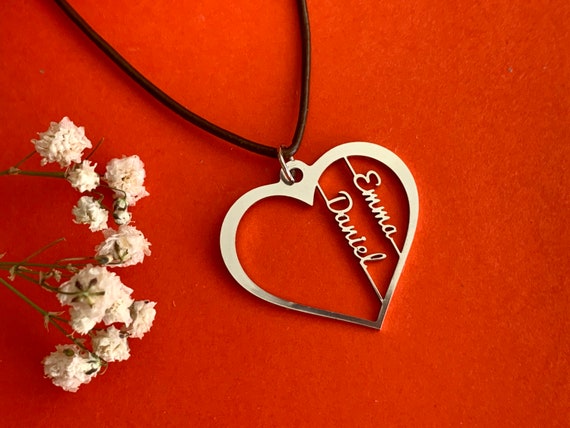 Personalized Heart Necklace Custom 2 Names Couples Heart Love