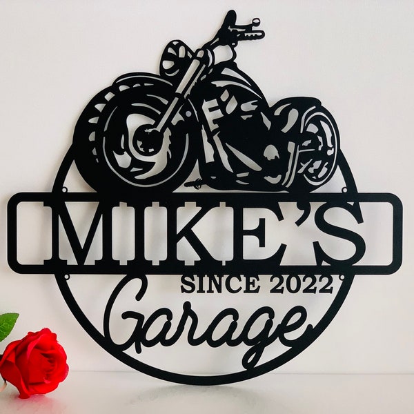 Aangepaste motorfiets garage teken gepersonaliseerde naam metalen plaquette man grot teken metalen muur kunst decor housewarming, vaderdag, cadeau voor bakker