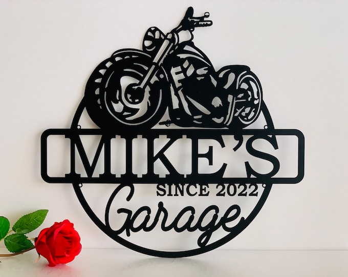 Custom Motorcycle Garage Sign Personalized Name Metal Plaque Harley Davidson Metal Wall Art Decor Housewarming, Father's Day, Gift for Baker