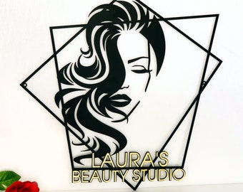 Custom Beauty Salon Name Sign - Personalized Hair Stylist Sign with Woman Face