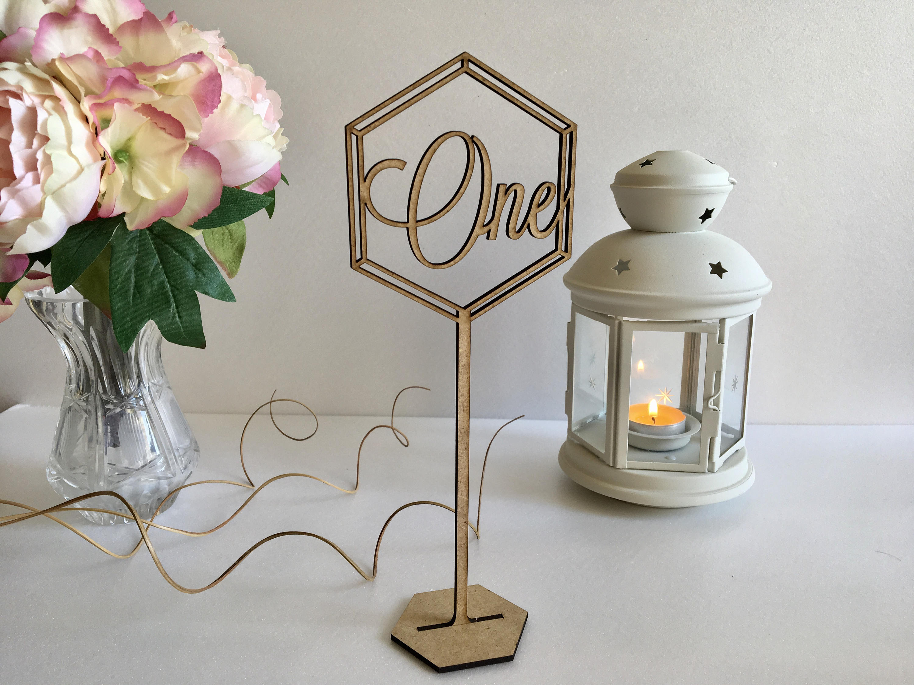 Wooden Wedding Script Table Numbers Stand Freestanding Hexagon Geometric Laser Cut Elegant Table