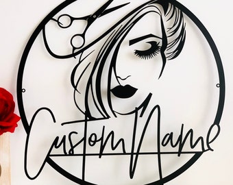 Personalized Hair Dresser Sign Custom Hair Stylist Name Logo Woman Face Beauty Salon Hair Decor Metal Wall Art, Hairstyle Shop, Gift for Her