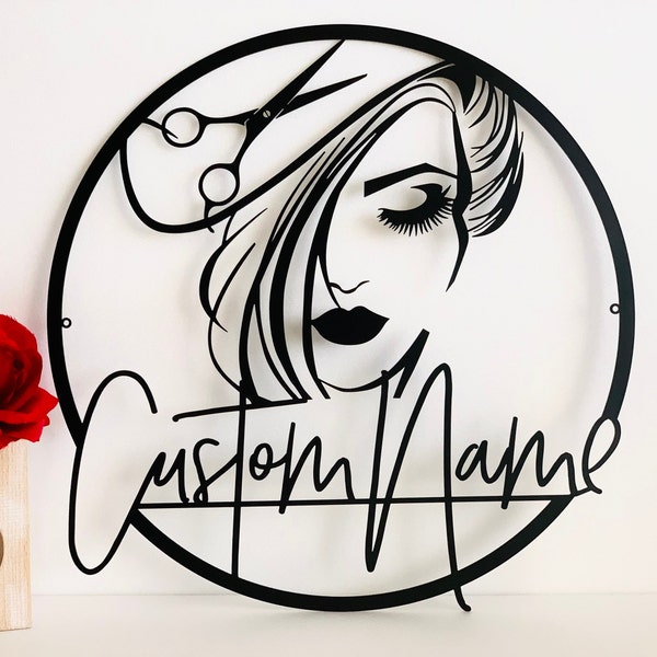 Coiffeur personnalisé signe nom du coiffeur personnalisé logo visage de femme salon de beauté décoration de cheveux art mural en métal, salon de coiffure, cadeau pour elle