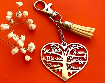 Personalized Heart Keychain Tree of Life Custom Keyring Laser Cut Family Names Stainless Steel Pendant Anniversary, Gift for Mom, Bag Charm