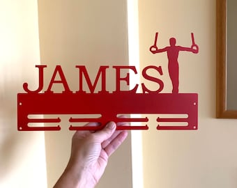 Personalized Medal Holder Custom Name Men's Artistic Gymnastics Rings Gymnast Male Silhouette Sports Metal Display Rack for Awards Boys Gift