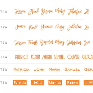A chart showing six different fonts with various names written in each font. The fonts are labeled "FONT 1W", "FONT 2W", "FONT 3W", "FONT 4W", "FONT 5W", and "FONT 6W".